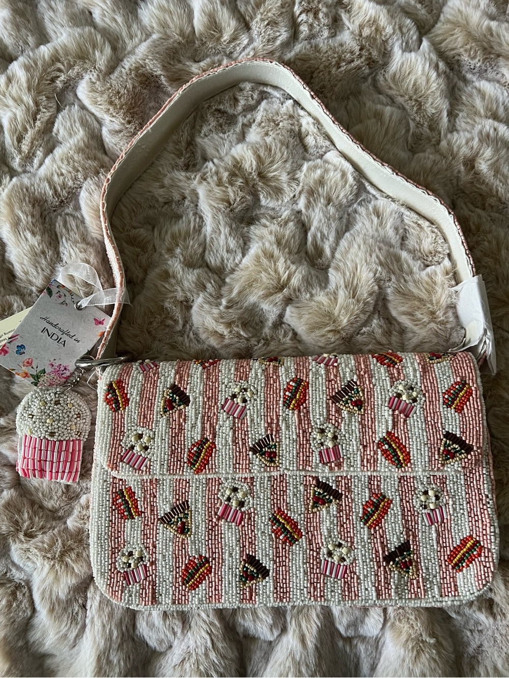 NWT Beaded Pink Stripe Cupcake Snack Shoulder Bag with Cupcake Charm